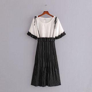 Set: Short-sleeve Frill Trim Top + Accordion-pleat Suspender A-line Skirt