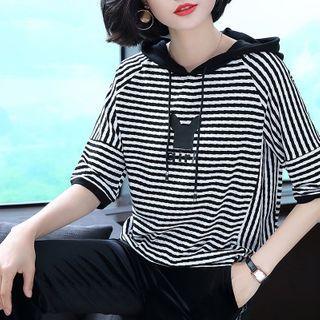 Elbow-sleeve Striped Cartoon Print Hoodie