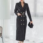 Plaid Double-breasted Long-sleeve Sheath Dress