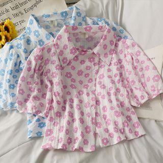 Asymmetric Puff-sleeve Printed Crop Shirt