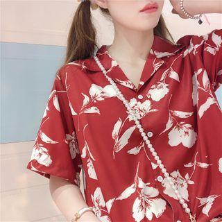 Flower Print Short-sleeve Blouse Wine Red - One Size