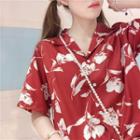 Flower Print Short-sleeve Blouse Wine Red - One Size