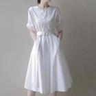 Short-sleeve Round Neck Plain Long Dress With Sash