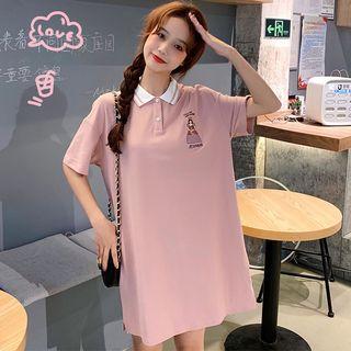 Elbow-sleeve Cartoon Placket T-shirt Dress