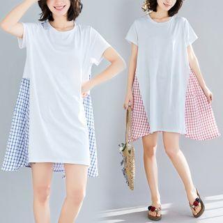 Plaid Panel Short-sleeve Mini T-shirt Dress