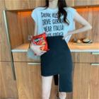 Cap-sleeve Letter Print T-shirt / Asymmetric Fitted Skirt