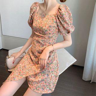 Puff Sleeve Square Neck Floral Print Asymmetric Shift Dress