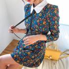Contrast-collar Floral A-line Mini Dress With Tie