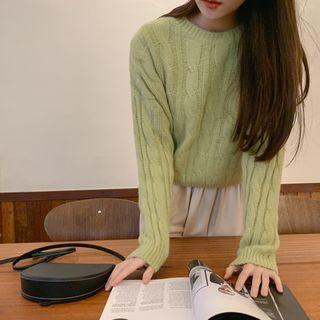 Crewneck Cable-knit Sweater Mint Green - One Size