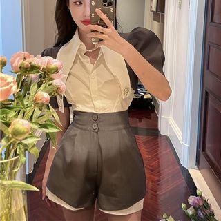 Puff-sleeve Embellished Blouse / High Waist Shorts