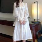 Bell-sleeve Tie-neck Ruffled Dress White - One Size