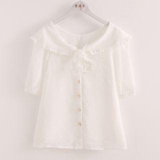 Short-sleeve Frill Trim Chiffon Blouse White - One Size