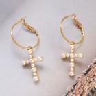 Faux Pearl Cross Dangle Earring 1 Pair - Stud Earrings - Gold & White - One Size