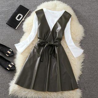 Set: Crew-neck Long-sleeve T-shirt + Faux-leather A-line Pinafore Dress