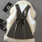 Set: Crew-neck Long-sleeve T-shirt + Faux-leather A-line Pinafore Dress