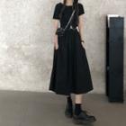 Short-sleeve Asymmetrical Contrast Trim Top / Ruched Midi Skirt