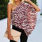 Elbow-sleeve One Shoulder Zebra Print T-shirt