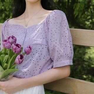 Short-sleeve Buttoned Eyelet Lace Blouse