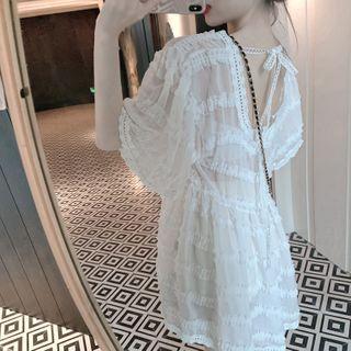 Elbow-sleeve Lace A-line Mini Dress White - One Size