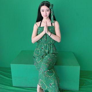 Spaghetti Strap Printed Pinafore Chiffon Jumpsuit