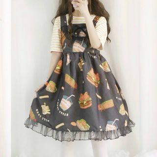 Striped Short-sleeve T-shirt / Printed Sleeveless A-line Dress
