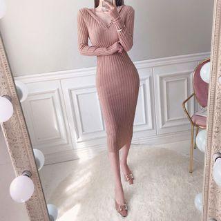 Long-sleeve Knit Henley Midi Bodycon Dress