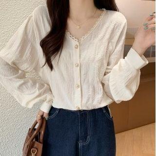 Long-sleeve V-neck Plain Lace Trim Top