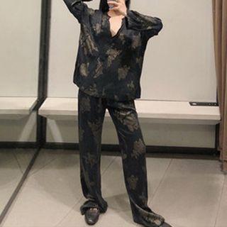 Flower Print Blouse / Wide-leg Pants / Set