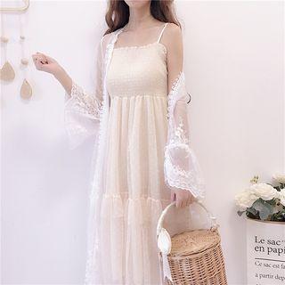 Spaghetti Strap Midi Mesh Dress / Lace Light Jacket