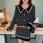 Set: Plaid Cardigan + Mini Fitted Skirt Set Of 2 - Cardigan - Black - One Size / Skirt -black - One Size