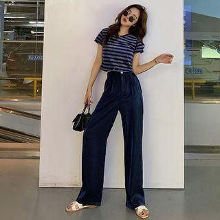 Striped Short-sleeve T-shirt / Velvet Straight Fit Pants / Set