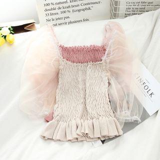 Mesh Sleeve Smocked Knit Top