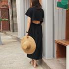 Cutout Back Short-sleeve Midi A-line Dress Black - One Size