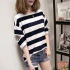 Striped Cut-out Elbow-sleeve T-shirt