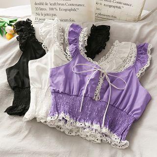 Lace-trim Smocked-waist Crop Tank Top