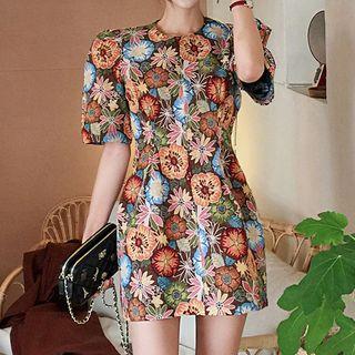 Flower Pattern Short-sleeve A-line Mini Dress