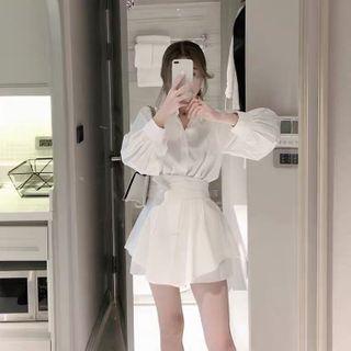 Set: Long-sleeve Button-up Blouse + High-waist Wide Leg Shorts