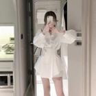 Set: Long-sleeve Button-up Blouse + High-waist Wide Leg Shorts
