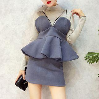 Set: Strappy Ruffle Hem Top + Fitted Skirt + Long-sleeve Top