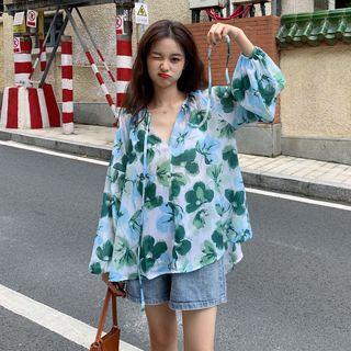 Printed Puff-sleeve Loose-fit Blouse Green - One Size