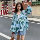 Printed Puff-sleeve Loose-fit Blouse Green - One Size