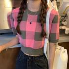 Short-sleeve Two-tone Plaid Knit Crop Top Pink & Gray - One Size