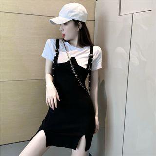 Mock Two-piece Short-sleeve Slit Mini Sheath Dress As Shown In Figure - One Size