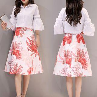 Set: Bell-sleeve Shirt + Printed A-line Midi Skirt