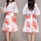 Set: Bell-sleeve Shirt + Printed A-line Midi Skirt