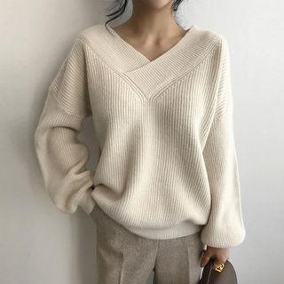 V-neck Puff-sleeve Wool Blend Sweater