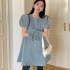Set: Puff-sleeve Knit Mini A-line Dress + Fingerless Gloves