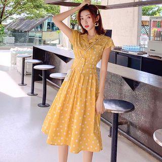 Dotted Cap-sleeve A-line Shirt Dress