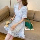 Elbow-sleeve V-neck Floral Print Mini A-line Dress
