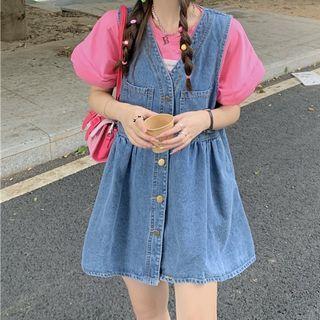 Elbow-sleeve Logo T-shirt / Denim Overall Dress
